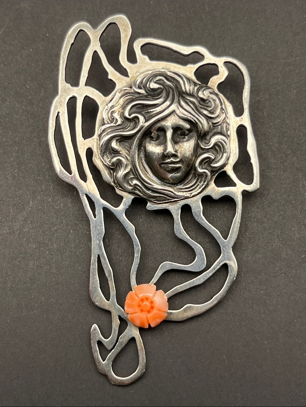 Art nouveau Sterling Silver Brooch carved flower and repose face